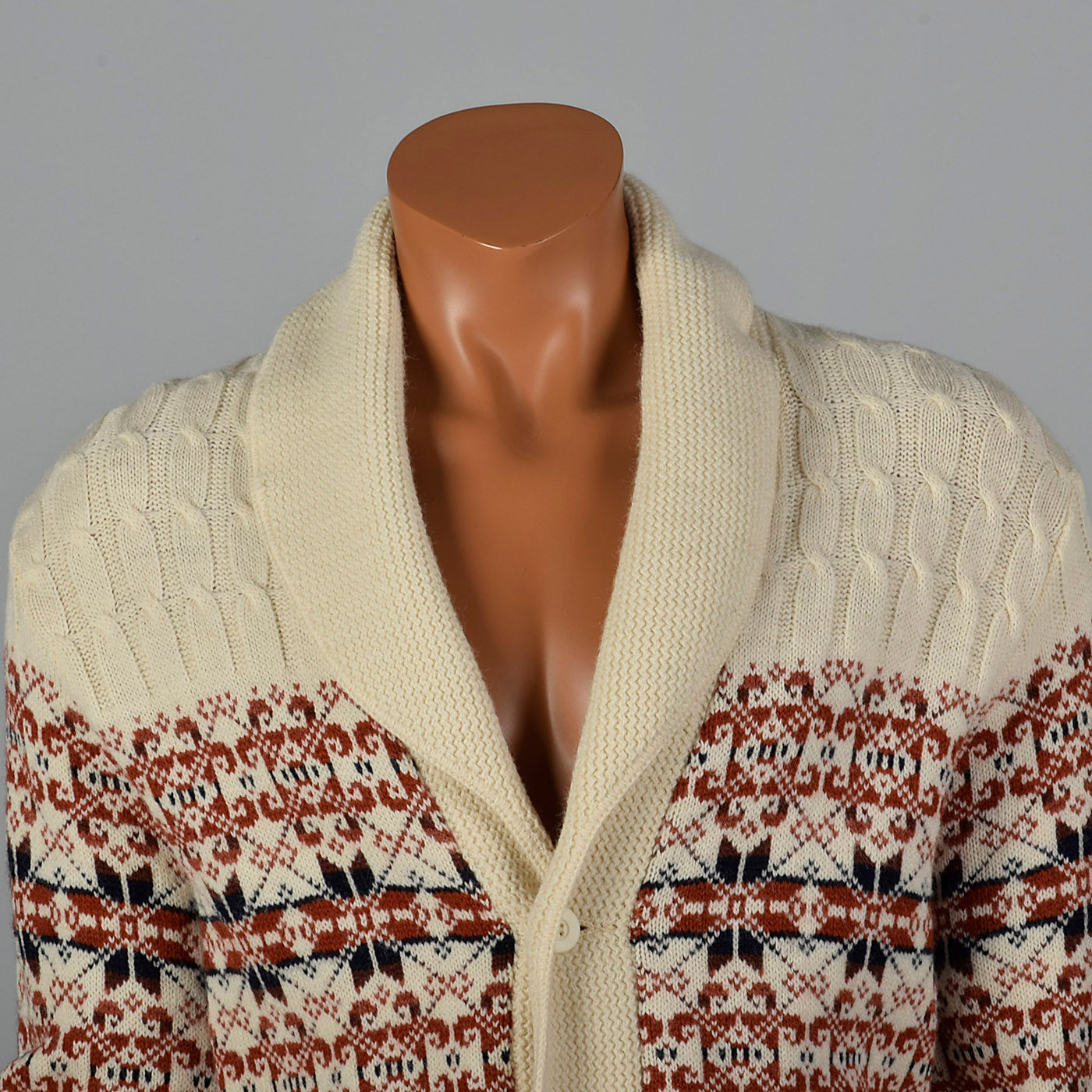 1970s Mens Shawl Collar Cardigan with Red Pattern