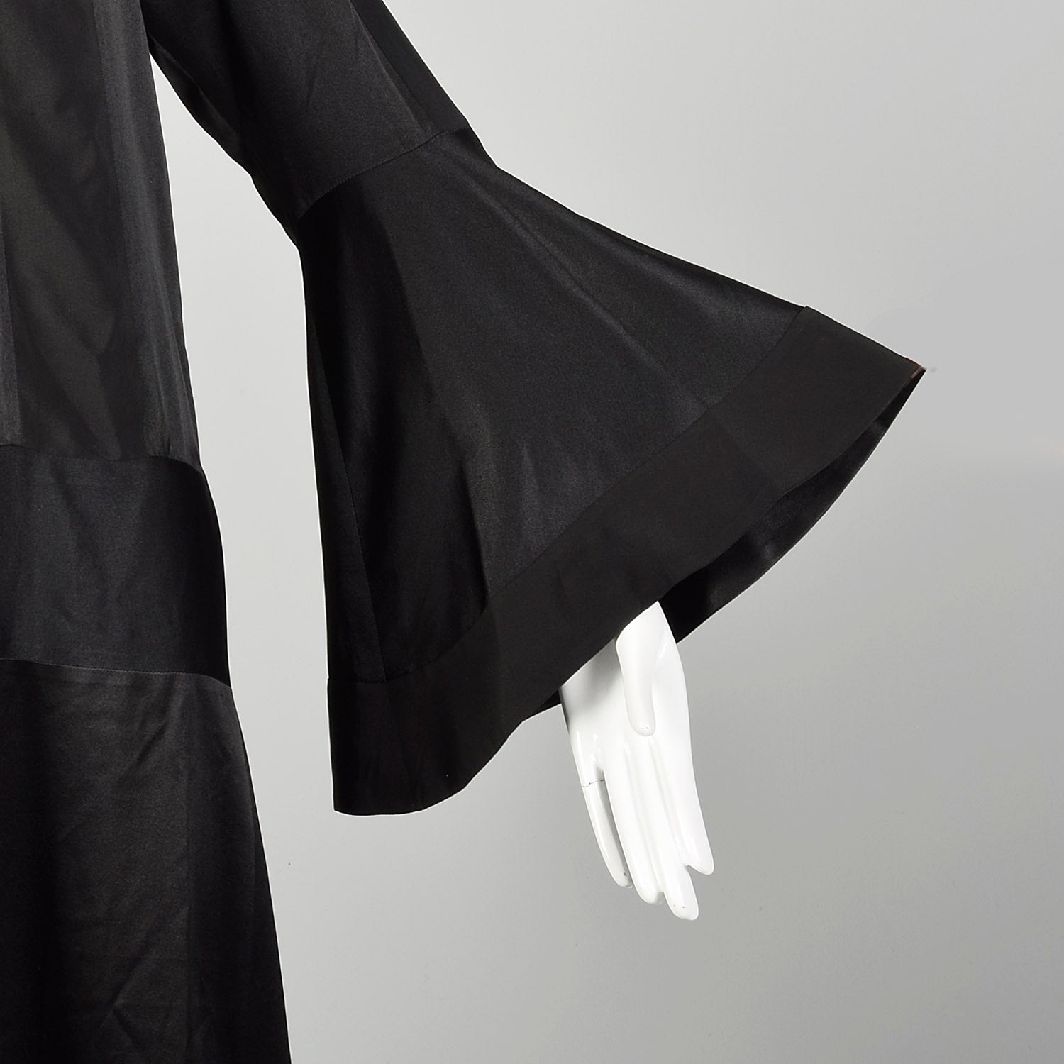 Large 1920s Silk Dress Black on Black Art Deco Trumpet Bell Sleeve Evening Gown