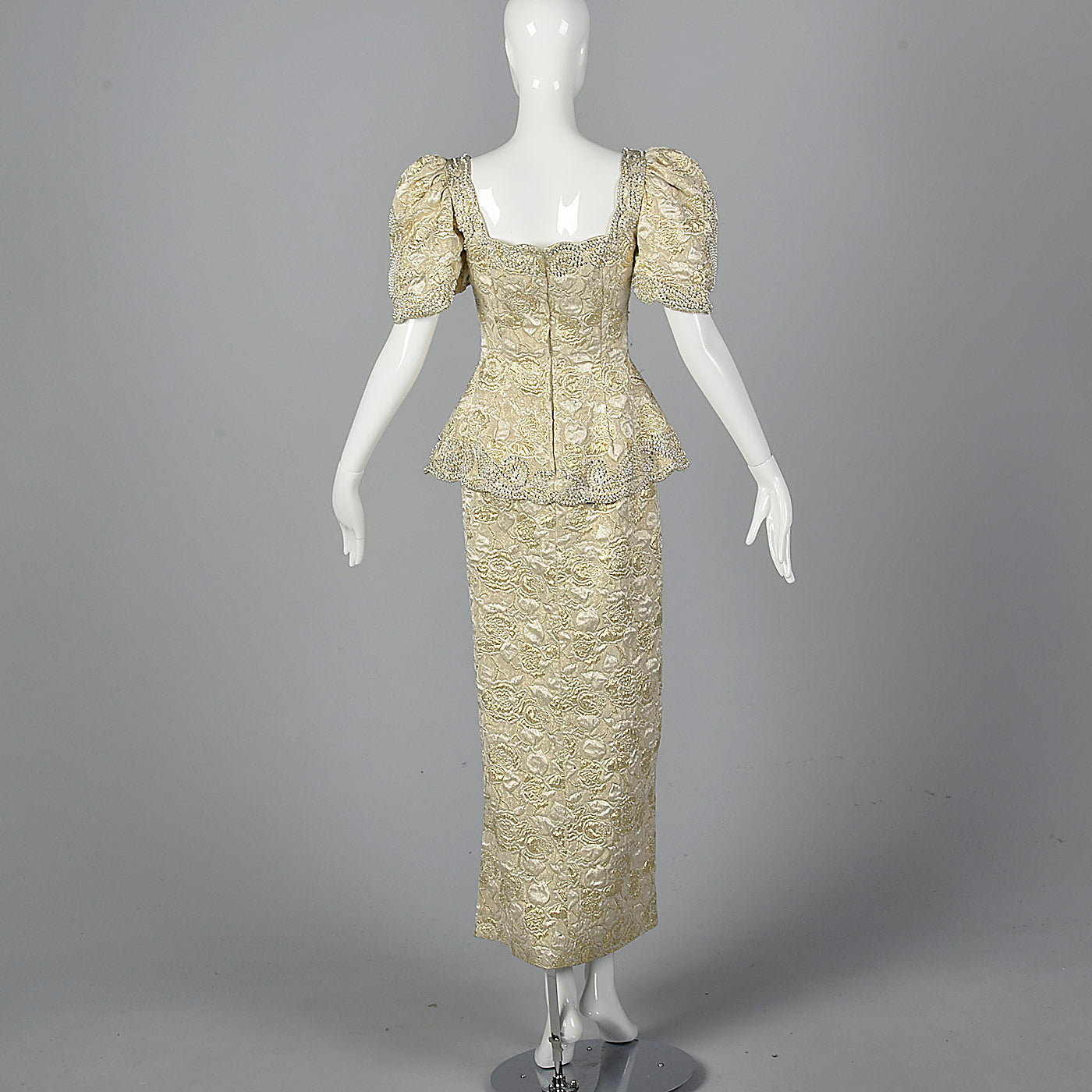 1980s Rose Taft Metallic Brocade Wedding Dress
