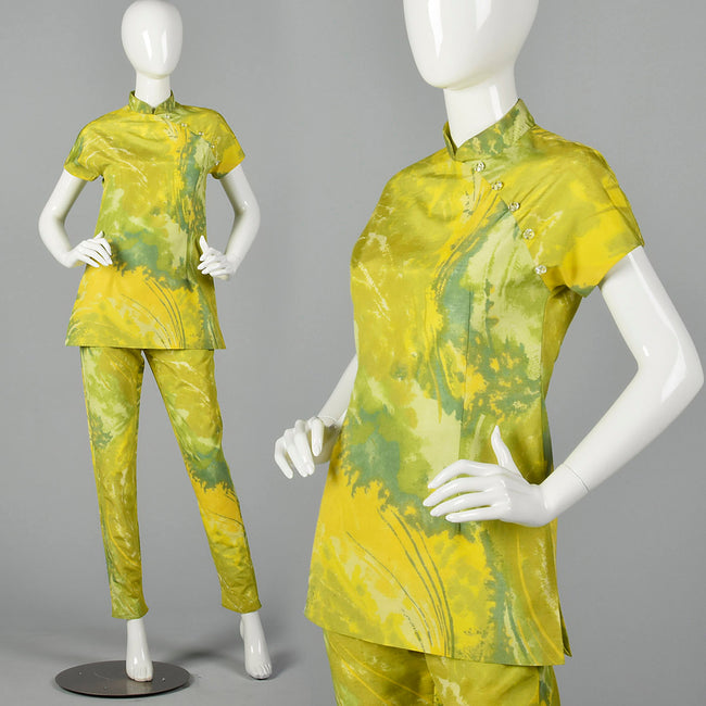 1960s Green and Yellow Print Tunic and Pants Set