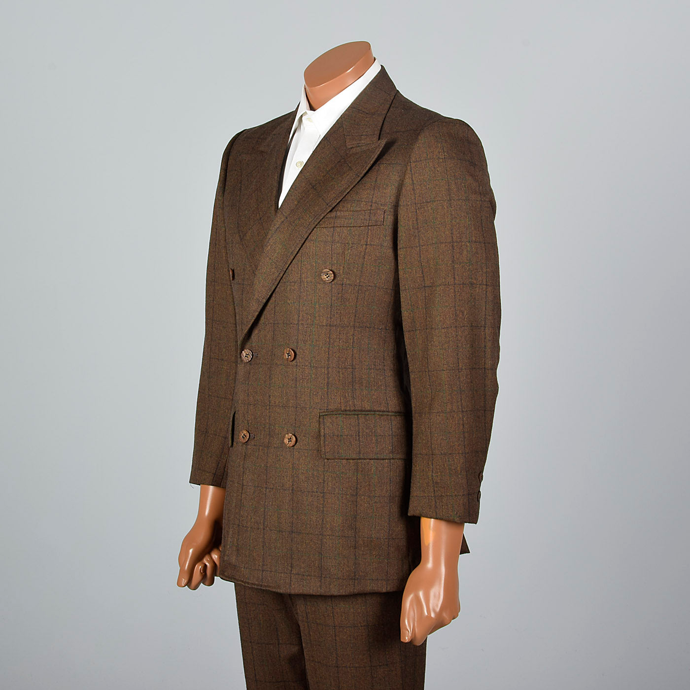 1970s Mens Brown Wool Windowpane Suit