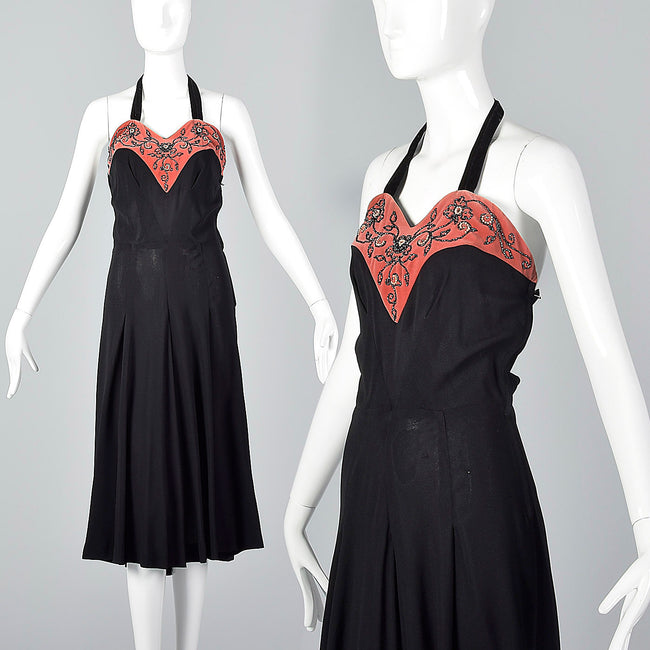 1930s Black Halter Dress with Pink Velvet Neckline