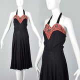 1930s Black Halter Dress with Pink Velvet Neckline