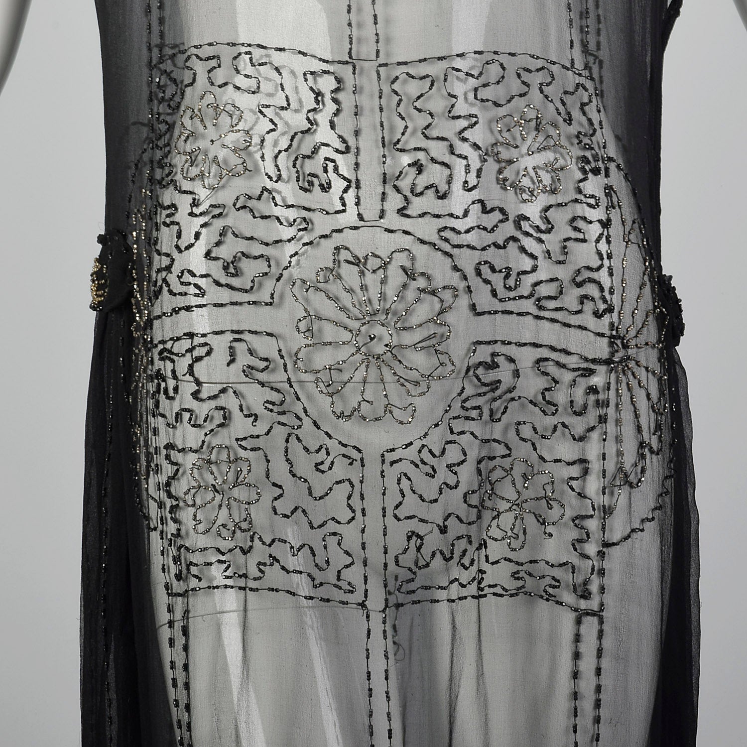 1920s Beaded Sheer Black Dress with Hip Sashes