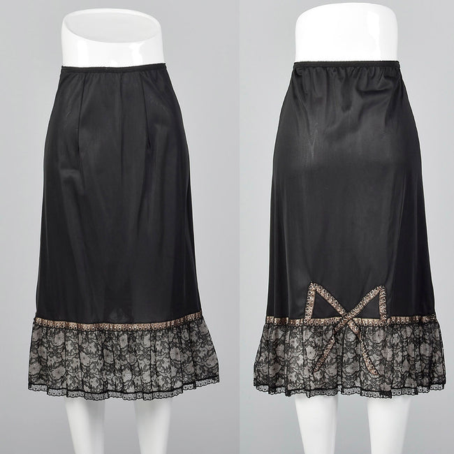 1950s Black Nylon Slip with Lace Hem & Bow Detail