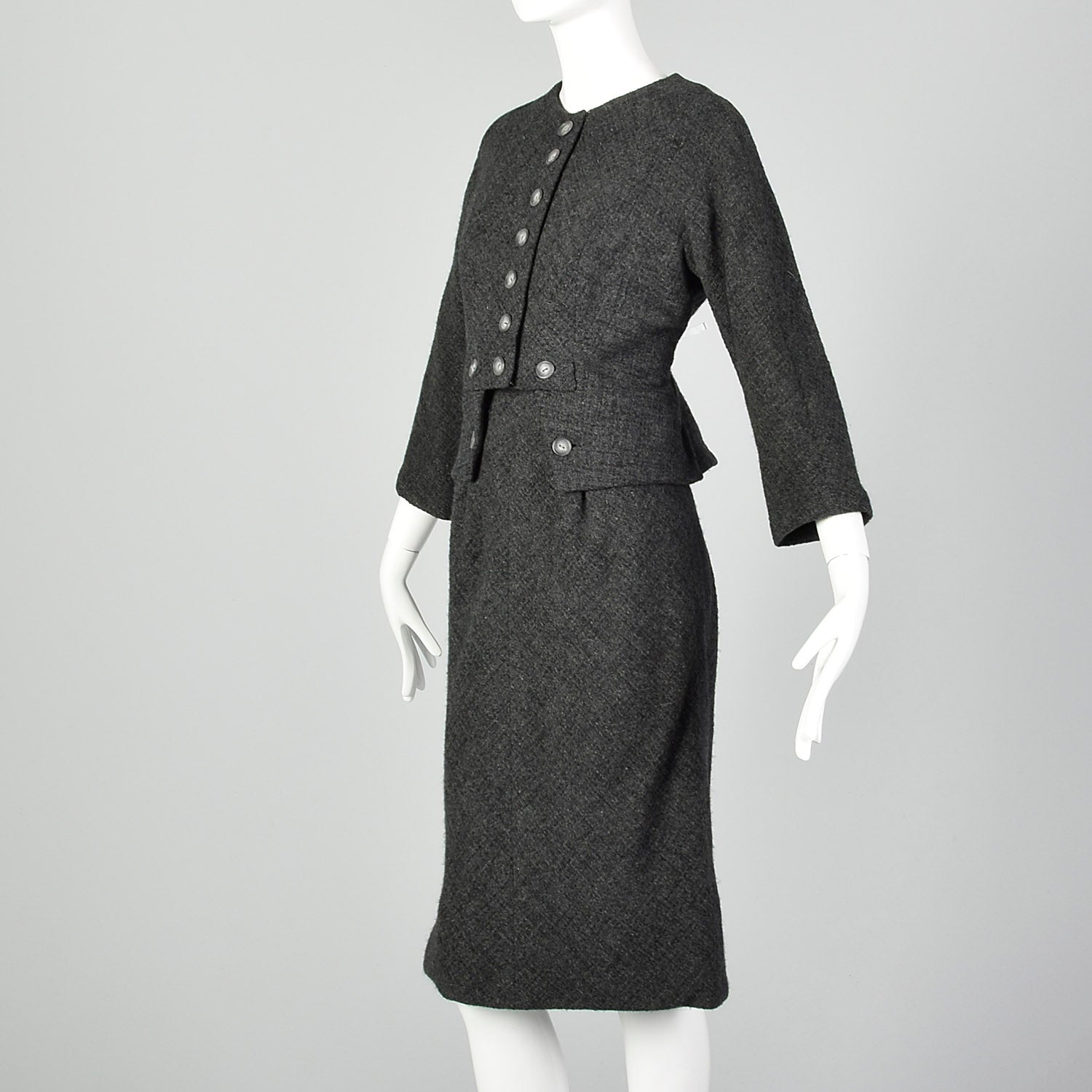 1960s James Galanos Two Piece Dress Set in Gray Wool Tweed