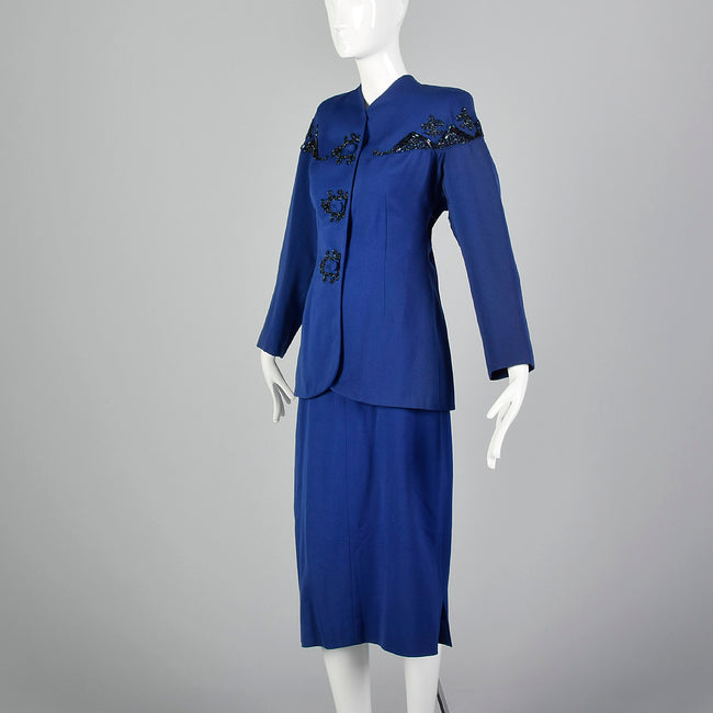 Small 1940s Royal Blue Beaded Skirt Suit