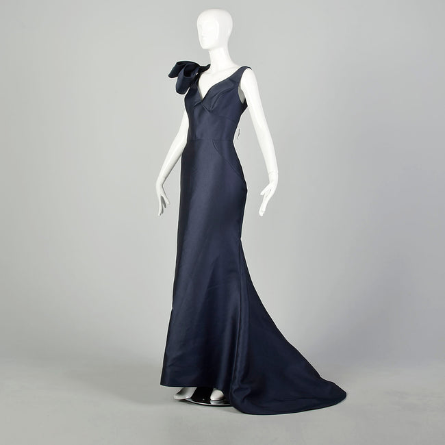 Size 12 2010s Eleni Elias Navy Evening Gown Formal Prom Fishtail Train