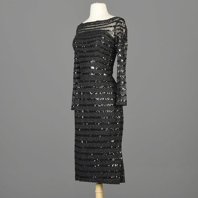 1960s Ceil Chapman Sheer Black Wiggle Dress with Sequin Stripes
