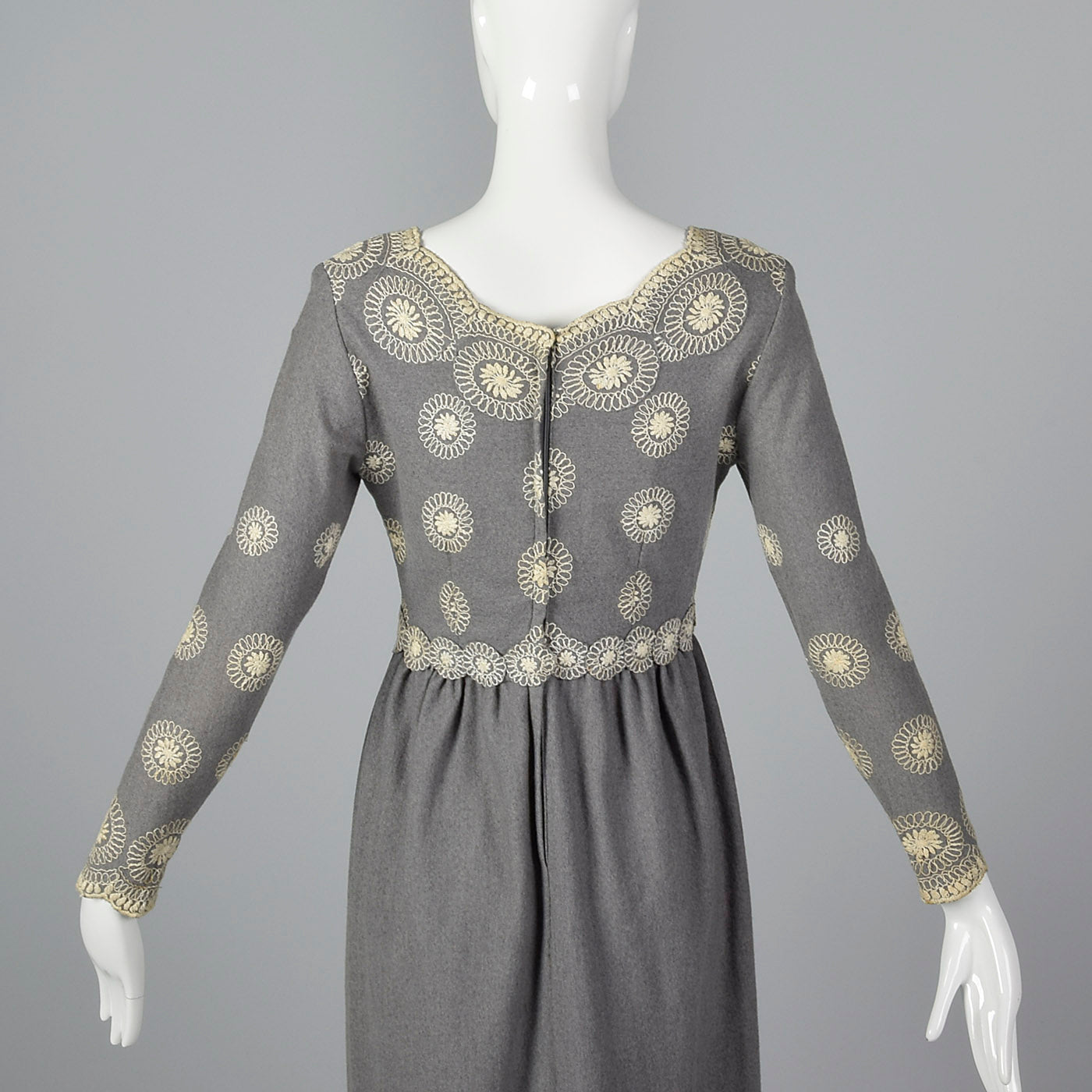1970s Saks Fifth Avenue Gray Wool Dress with Embroidery