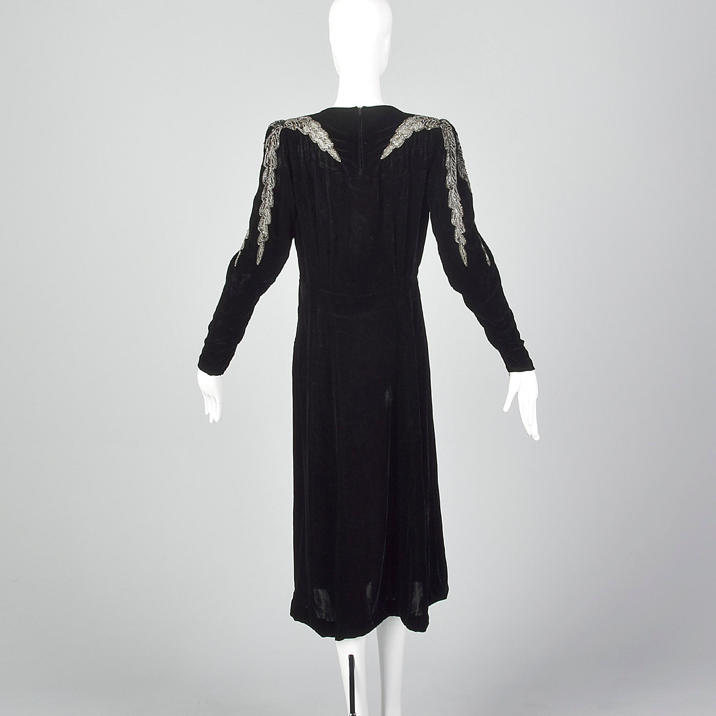1940s Black Velvet Dress with Sheer Sleeve Design