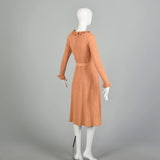 Medium 1970s Long Sleeve Peach  Knit Dress Scalloped Hem Ruffled Collar Cuffs