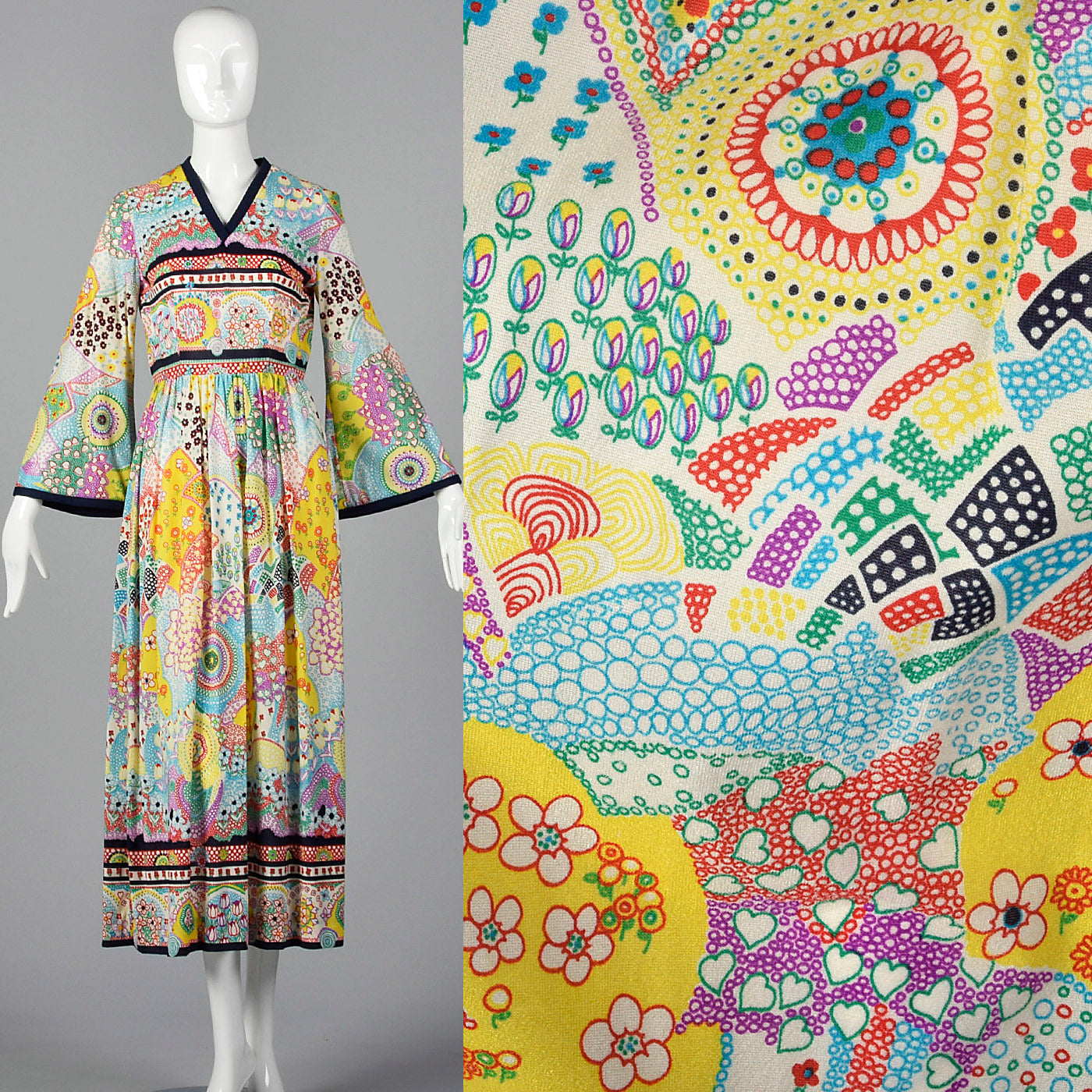1970s Psychedelic Print Maxi Dress with Bell Sleeves