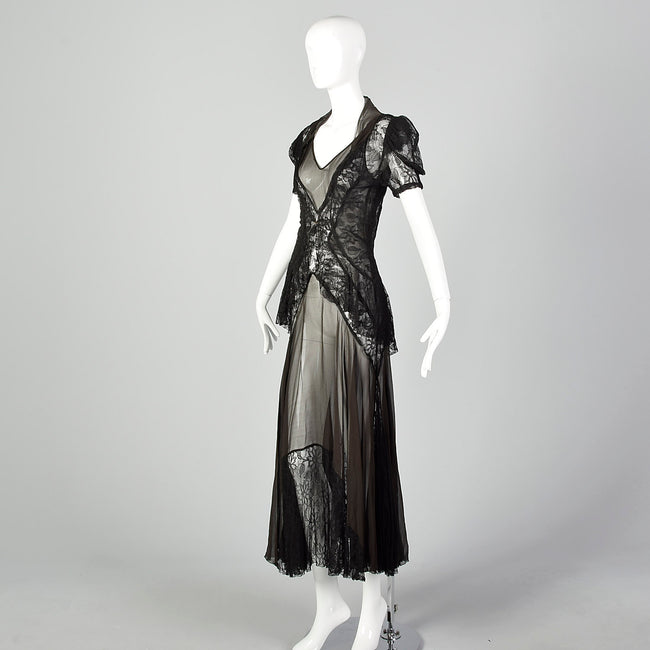 XS 1930s Sheer Black Silk and Lace Dress and Jacket