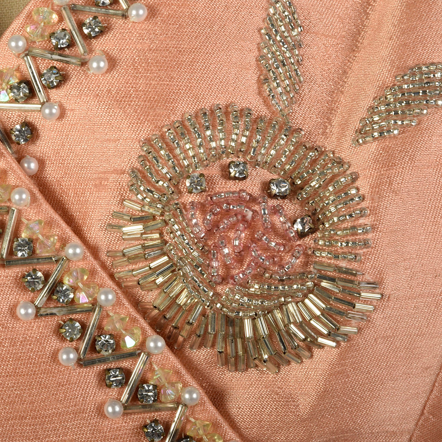 Large 1960s Peach Dress Deadstock Bead Embroidered Empire Waist Babydoll