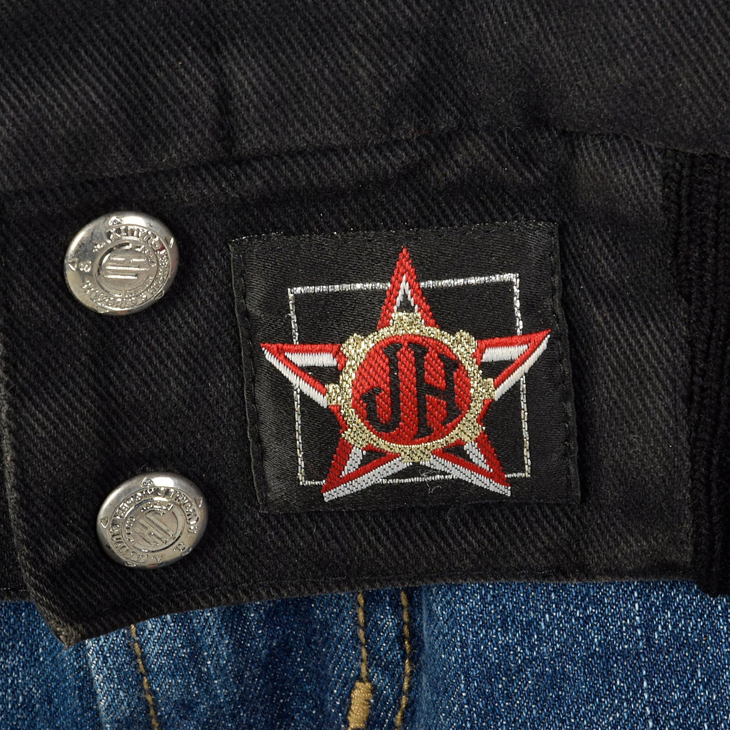 Large Jeff Hamilton 1990s Black Denim and Leather Detroit Pistons Jacket