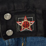 Large Jeff Hamilton 1990s Black Denim and Leather Detroit Pistons Jacket