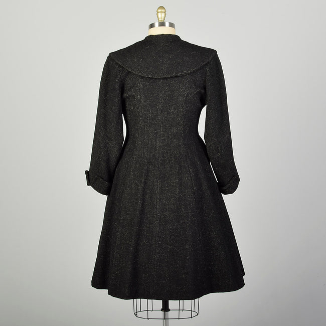 Large 1950s Coat Grey Wool Princess Fit & Flare Shawl Collar Winter Outerwear