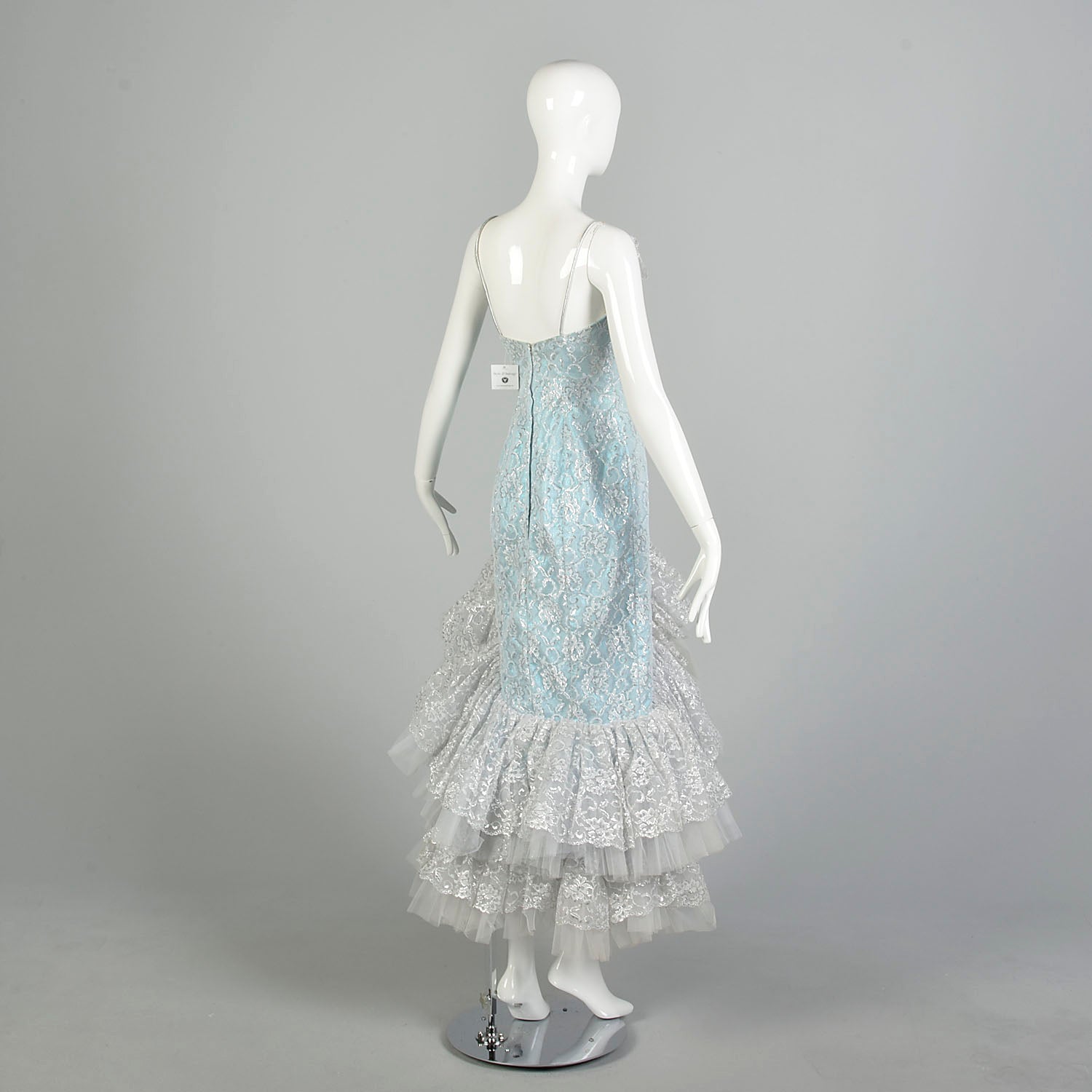 Small 1980s Blue Silver Sleeveless Layered Lace Asymmetric Calypso Mermaid Prom Dress