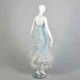 Small 1980s Blue Silver Sleeveless Layered Lace Asymmetric Calypso Mermaid Prom Dress