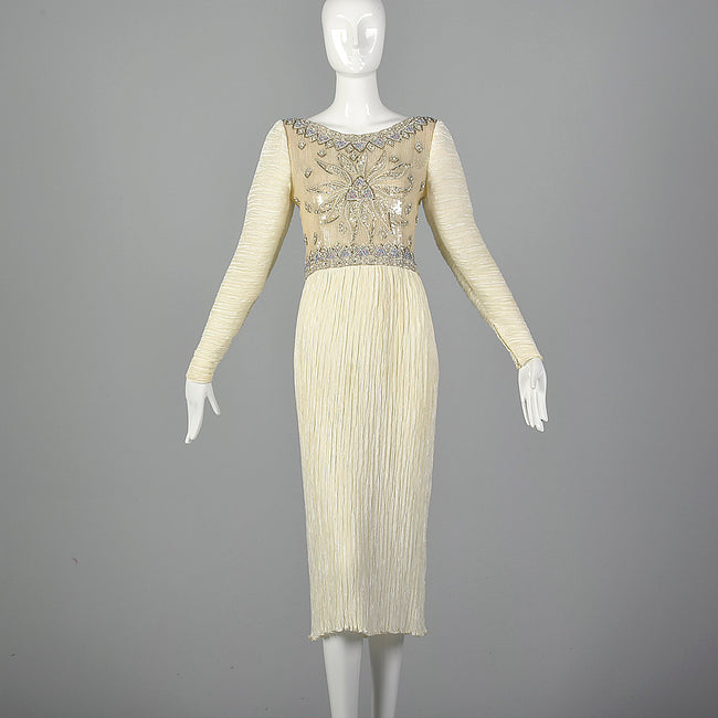 1970s Mary McFadden Couture Beaded and Pleated White Dress