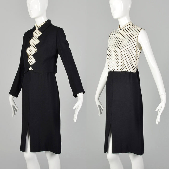 Large 1960s Black and White Polka Dot Dress Set