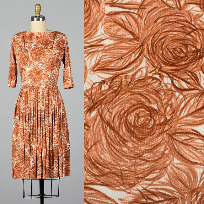 1960s Brown Rose Print Dress