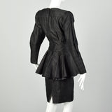Medium 1980s Black Silk Dress Gold Beaded Appliqué Cocktail Peplum