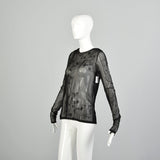 Small 1990s Black Mesh Top Embroidered Beaded Sexy Sheer 4 Way Stretch