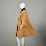 Large 1950s Swing Coat Mustard Yellow Boucle Wool Wind Cuffs Wide Sleeves Velvet Collar