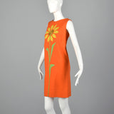 1960s Orange Shift Dress with Sunflower Applique