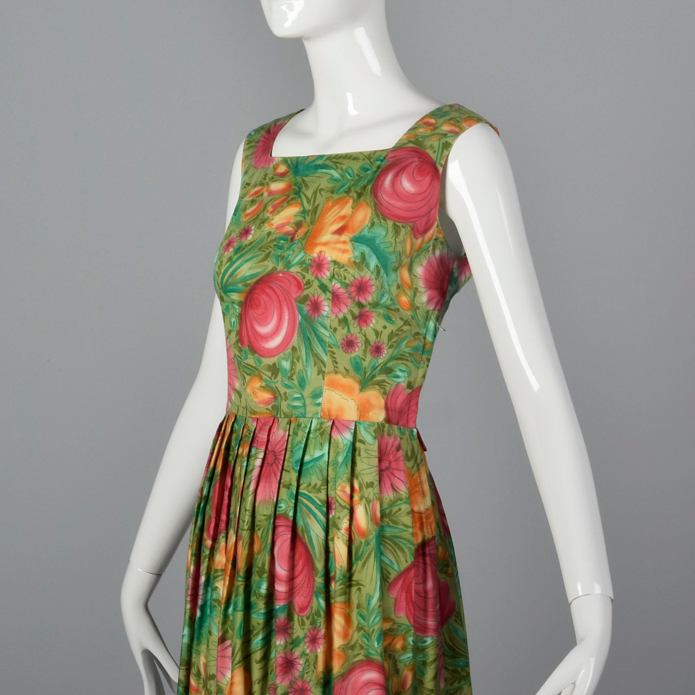 1950s Green Floral Day Dress