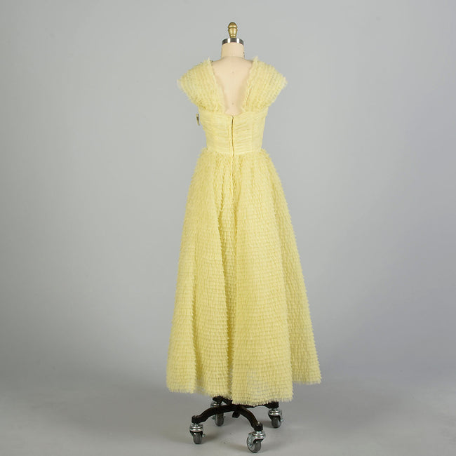 Small 1950s Creamy Yellow Formal Dress Evening Gown Full Length Layered Ruffle Wedding Prom