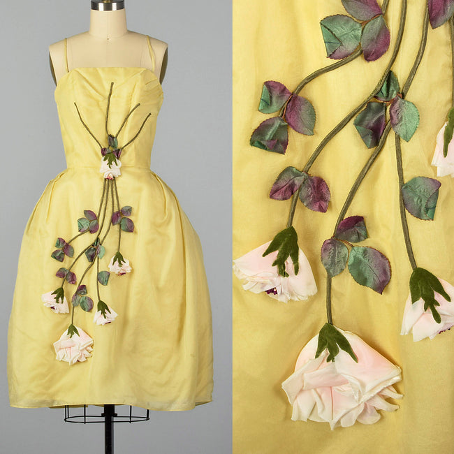 XS 1950s Yellow Rose Cocktail Dress