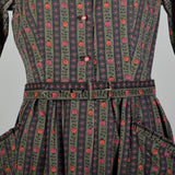 Medium 1950s Green Novelty Tulip Print Day Dress