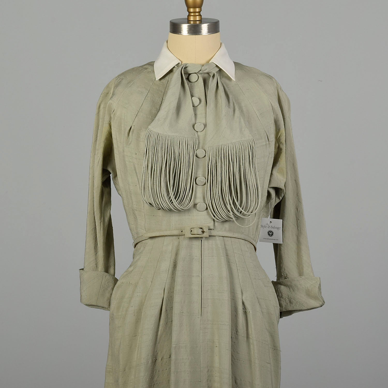 Medium 1950s Dress Designer Sage Green Lightweight Silk Long Sleeve
