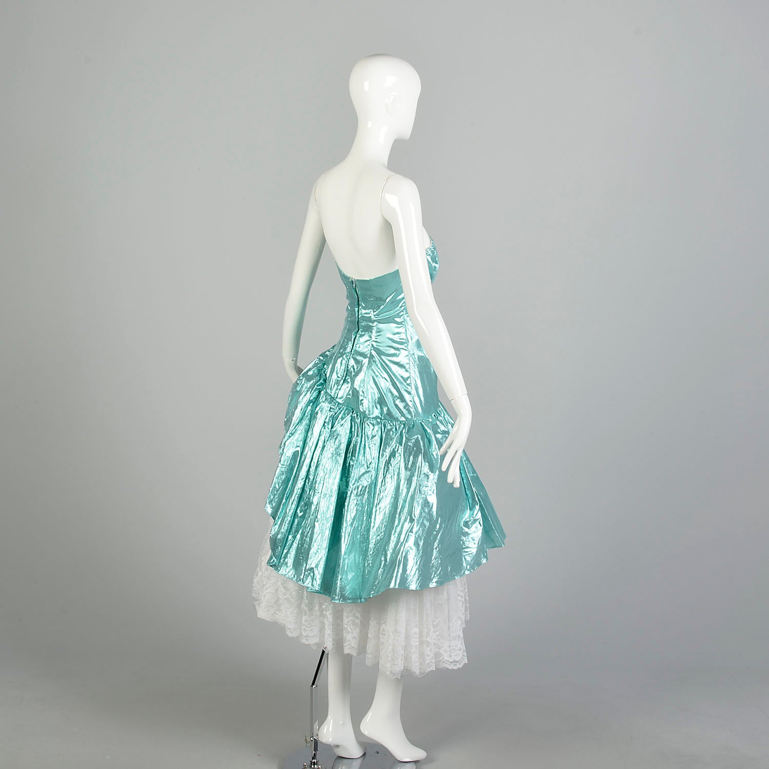 Small 1980s Strapless Sea Foam Aqua Asymmetric Lace Ruffle Prom Formal Evening Dress
