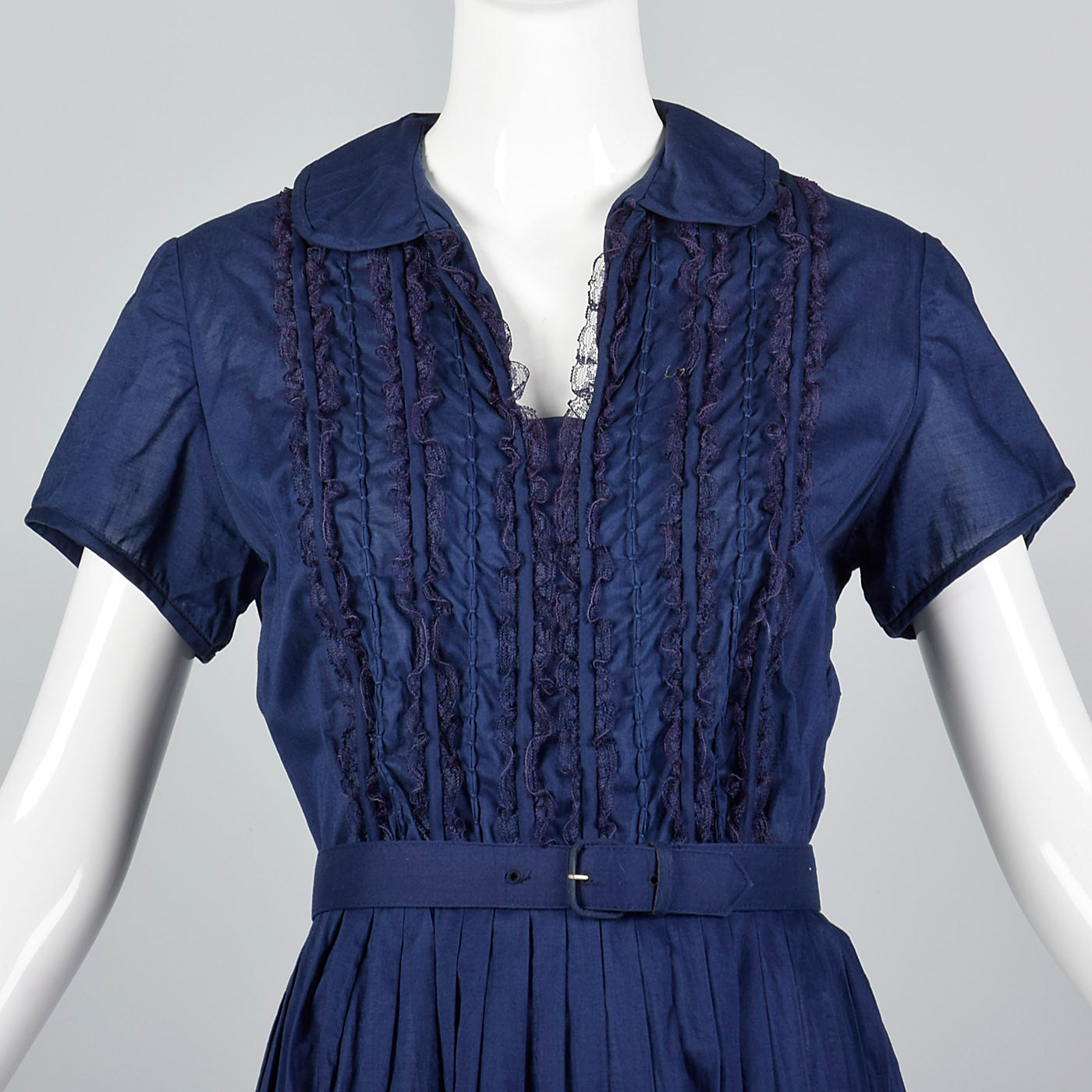 1950s Navy Cotton Day Dress with Ruffle Front