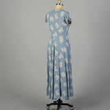 XL 1950s Day Dress Casual Blue Short Sleeve Floral Novelty Print Rayon