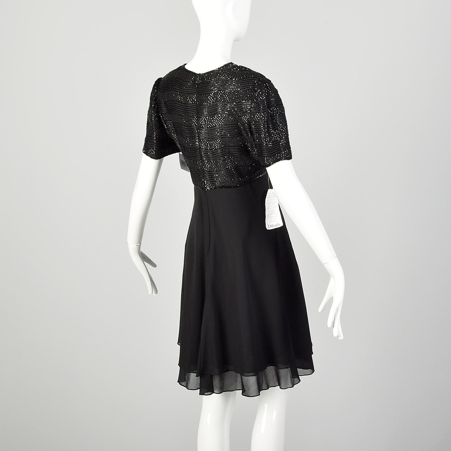 Medium 1990s Little Black Dress Beaded Short Sleeve Evening Cocktail Party LBD