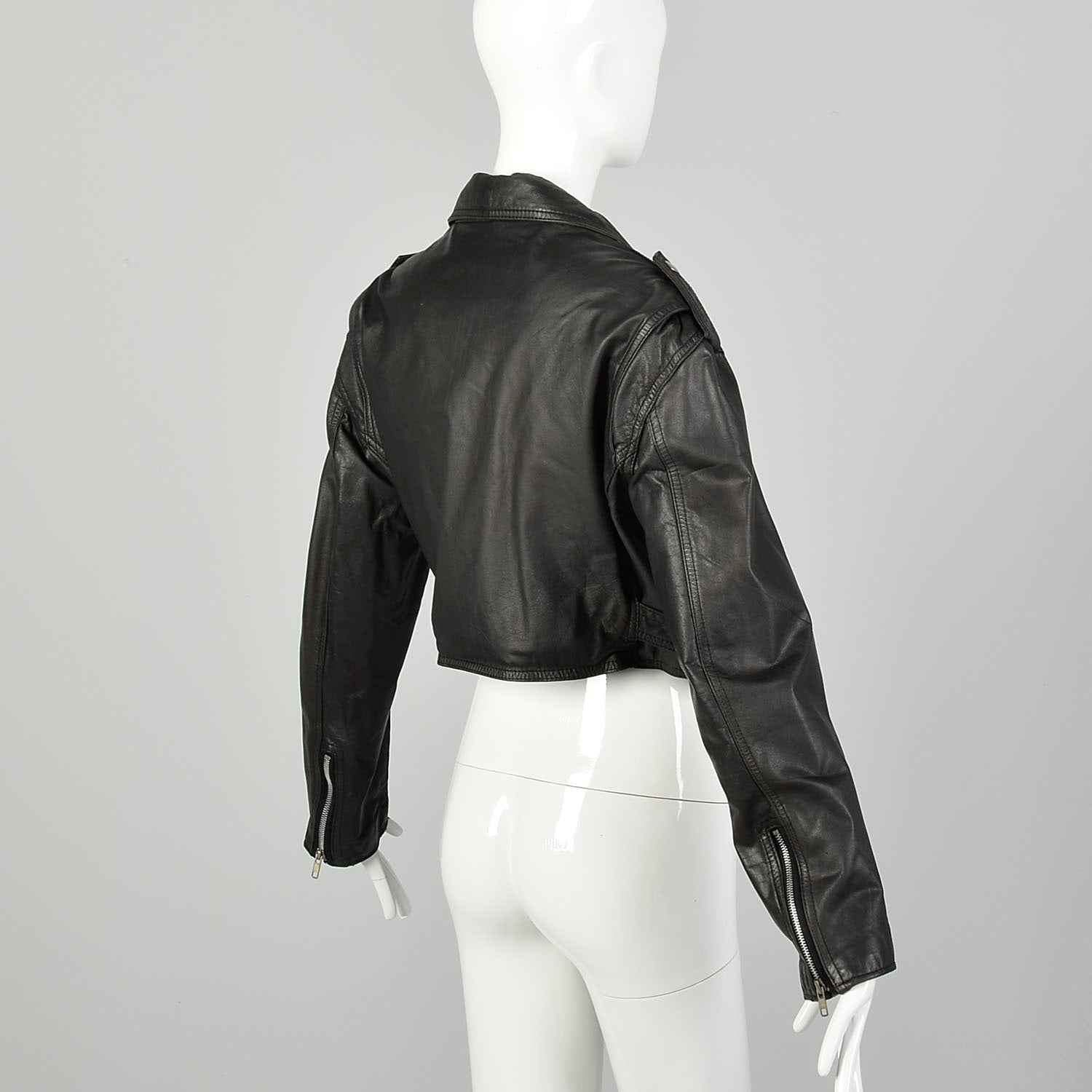 1990s Black Leather Cropped Biker Jacket Belt