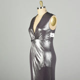 XL Y2K Halston Heritage Dress Metallic Silver Wet-Look Formal Prom Evening Gown