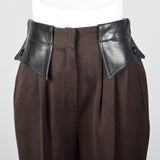 1980 Brown and Black Herringbone Pants with Leather Trim