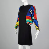 1980s Black Knit Dress with Colorful Silk Batwing Sleeves