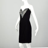 Large 1990s Oleg Cassini Black Tie Dress Velvet Beaded Strapless Cocktail Mini