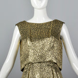 1960s Metallic Gold Dress with Leaf Style Pattern