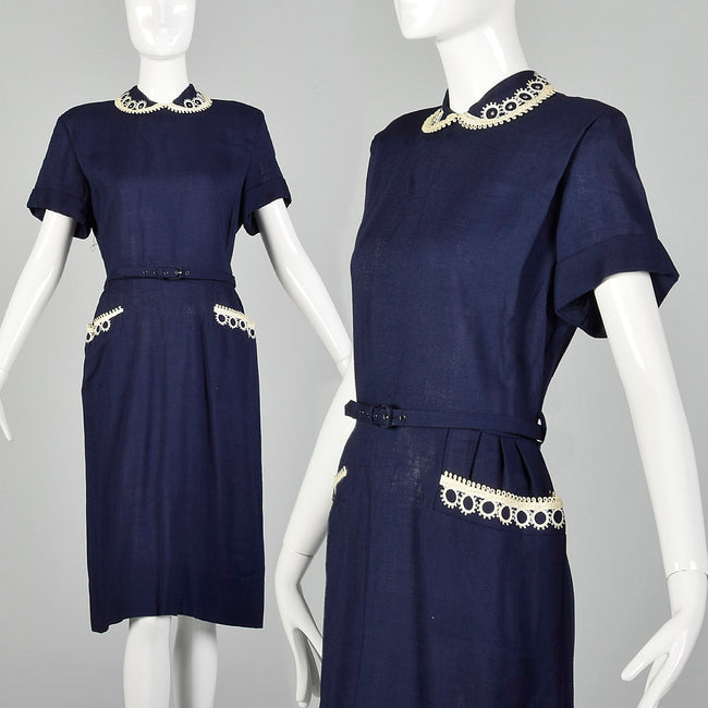 XL 1950s Navy Blue Day Dress