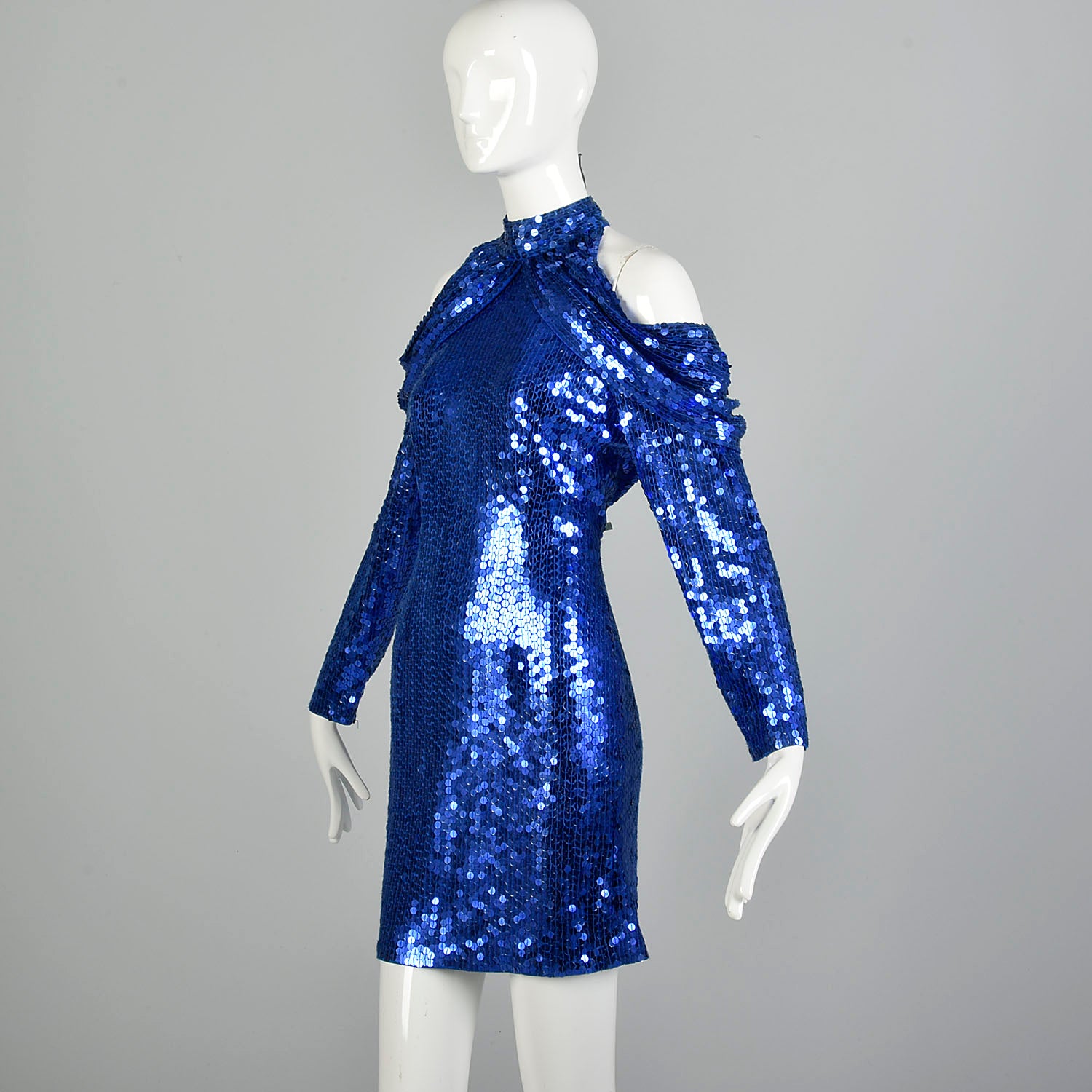 Small 1990s Blue Sequin Body Con Party Dress Long Sleeve Mini Dress Cold Shoulder Dress