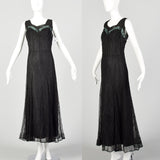 XL 1930s Dress Black Vintage Lace Maxi Sleeveless