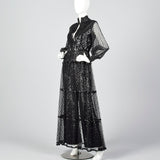 1970s Oscar de la Renta Sequined Jumpsuit with Low V Neckline & Sheer Mesh Overskirt